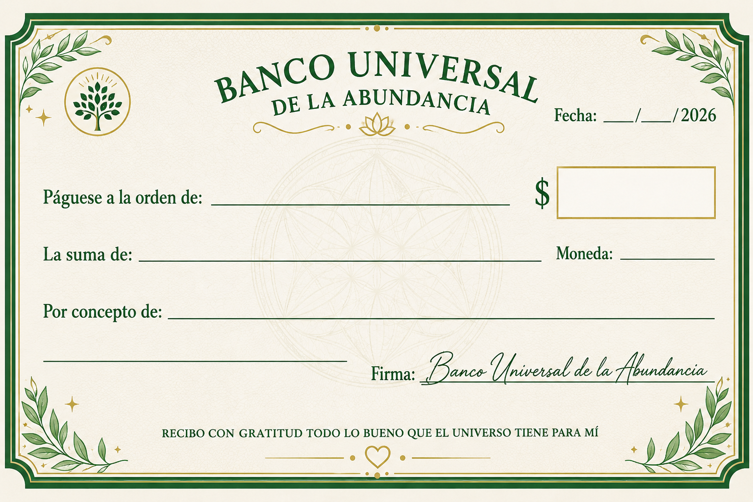 Cheque de la Abundancia 2026 para imprimir